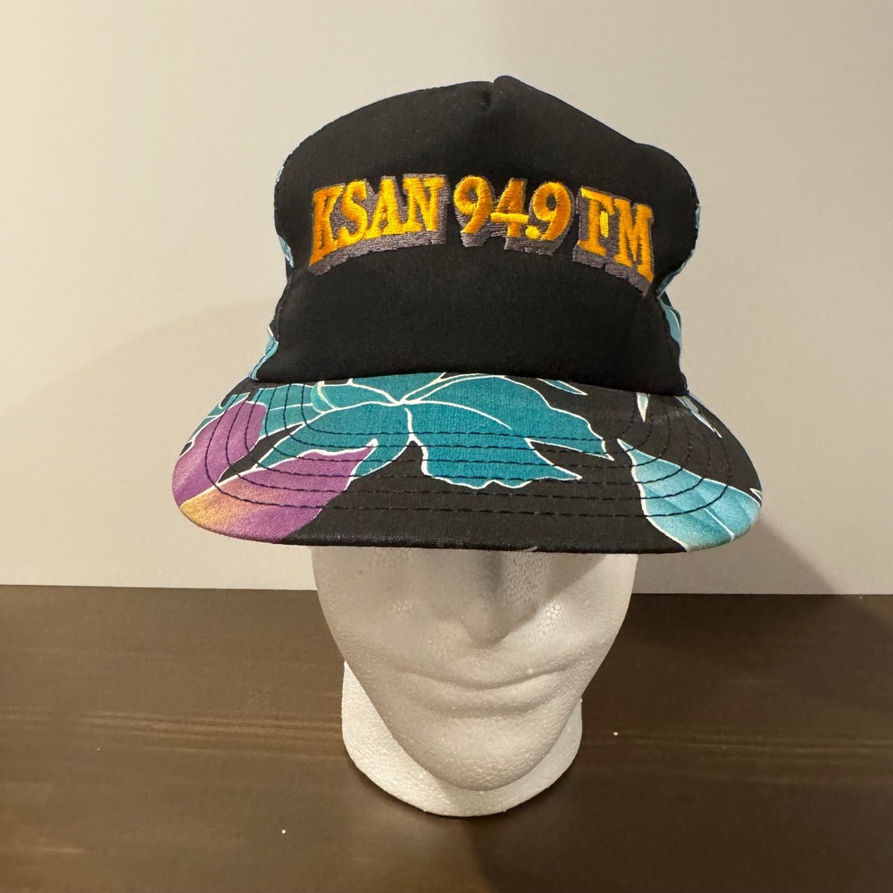 Vintage Von Mans Cap KSAN 94.9 FM Radio Hat Tropical Floral Snapback Black OSFM